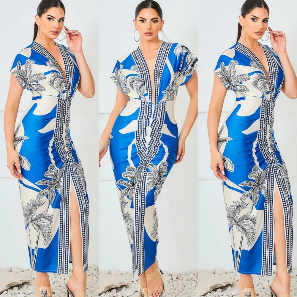 Elegant Blue Floral Women's Dress